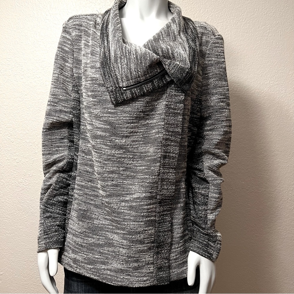 Two By Vince Camuto Black White Tweed Full Zip Moto Blazer Jacket